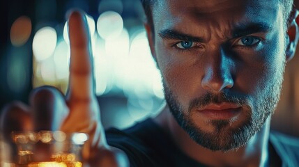 Intense Gaze: A Man's Determined Resolve in a Blurred Urban Setting