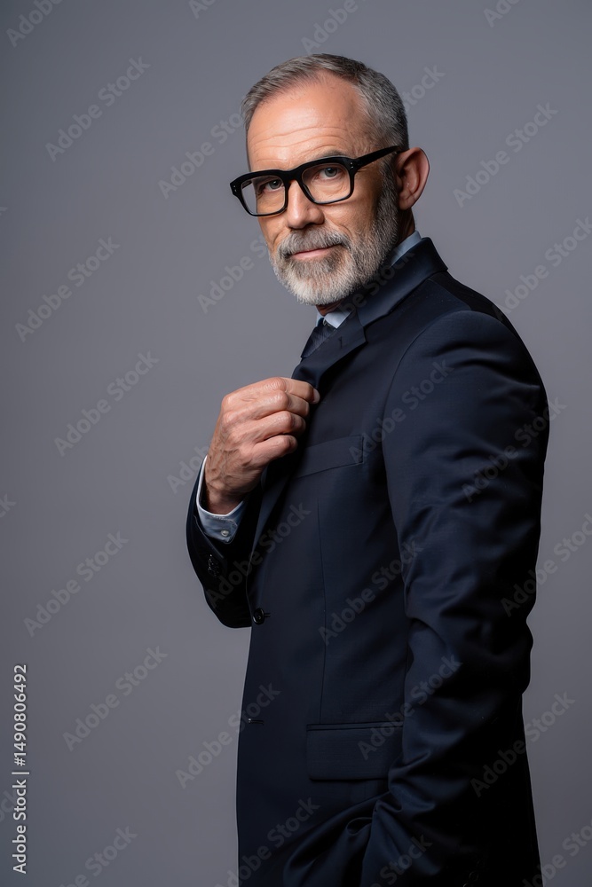 Poster man in suit adjusting jacket.