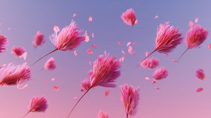 Delicate pink flowers, petals, and stems float in the soft pastel sky