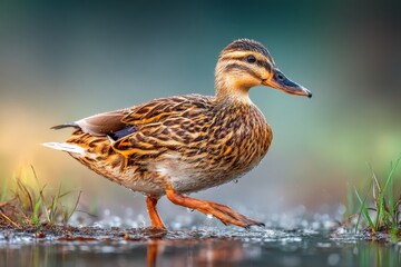 A beautiful female mallard duck gracefully walking through shallow water, creating ripples and reflections, with a soft, blurred natural background in muted tones.