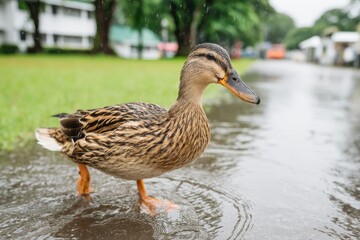 Obraz premium A beautiful brown duck wading in a puddle during a rainy day, showing off its feathers and orange feet with background building and nature creating a peaceful scene.