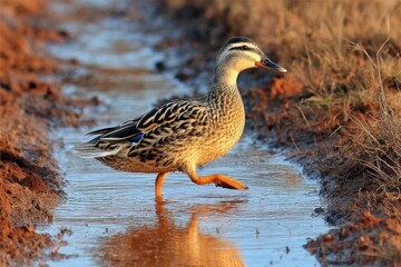 Obraz premium A female mallard duck wades through shallow water, its reflection shimmering, surrounded by natural vegetation and earthy tones in the tranquil outdoors.