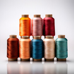 Colorful spools of thread arranged neatly on a reflective surface showcasing textile variety and artistry