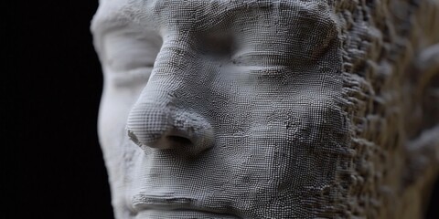 Abstract pixelated human face created with small cubes in a digital art style