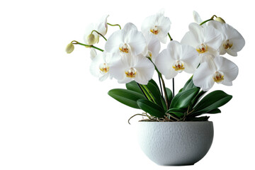 A serene white orchid blooming gracefully from a textured pot symbolizing purity and on transparent...