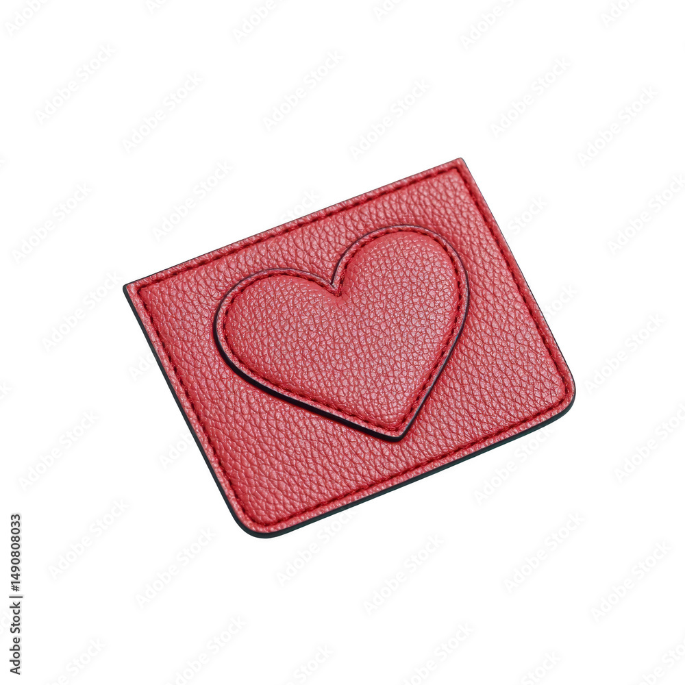 Poster red leather patch with heart design is displayed against plain background, showcasing its textured s