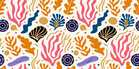 Colorful Abstract Sea Life Pattern Background. This vibrant and playful pattern features stylized depictions of seaweed, shells, and other marine life elements.
