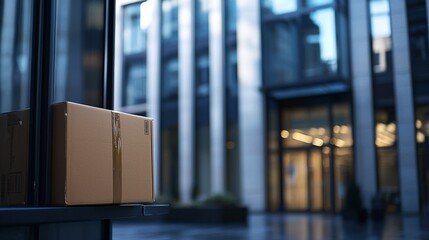 Package Delivered to Office Location on a Rainy Day in Urban Setting
