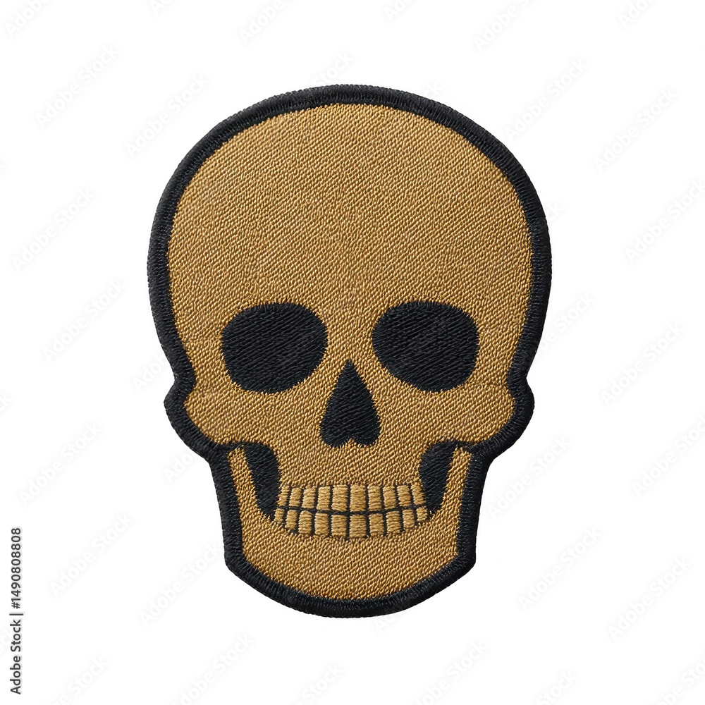 Poster skull shaped embroidered patch with gold and black color scheme, featuring simple and bold design. p