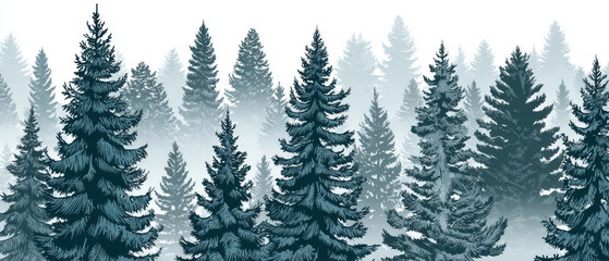 Obraz premium Seamless Spruce Forest Design, Ethereal fog envelops fir trees on a crisp white backdrop, Perfect for fabric or wallpaper, Evokes a tranquil woodland ambiance, Captivating and serene