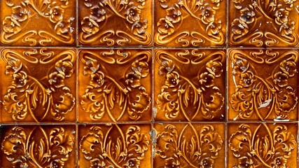 Ornate antique tin tiles shine autumn's amber glow, invoking steampunk nostalgia and Samhain's...