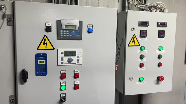 Industrial control panels with digital displays, warning labels, buttons, and electrical components in a factory or utility room setting.
