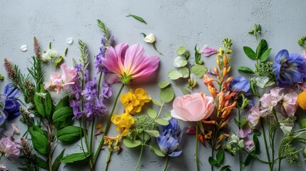 Vibrant flower arrangement on a light gray background