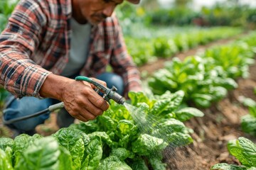 Obraz premium Close-up of farmer watering spinach plants in field using a garden hose sprayer, organic farming for sustainable agriculture and healthy food production.