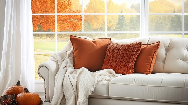 Autumnal living room scene with warm colors and cozy textiles.