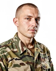 Portrait of serious man in camouflage military uniform on white background.