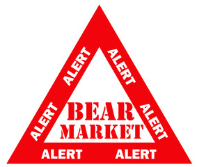 Bold red "BEAR MARKET" text inside a red circle, enclosed by a red square, on a white background. Clean and minimal design representing stock market decline or downturn signals.