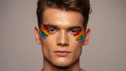 Confident Young Man with Rainbow LGBT Face Paint and Glamorous Editorial Style