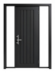 A minimalist modern black steel door with sleek vertical paneling, isolated on a transparent background