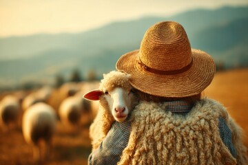 A heartwarming scene of a shepherdess tenderly cradling a lamb, her face hidden under a straw hat, surrounded by a picturesque pastoral landscape.