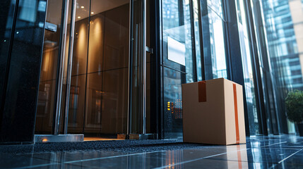 Cardboard Package Delivered to Office Building Lobby with Elevator
