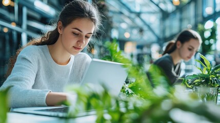 Focused Young Woman Working on Laptop in Modern Green Office