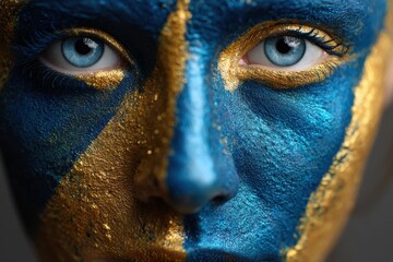 Naklejka premium Close-up of a woman's face painted with gold and blue body paint, a striking artistic expression, highlighting vibrant colors and captivating eyes in a portrait shot.