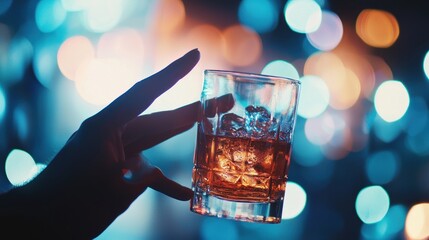 Nightlife Glow: Whiskey on the Rocks at a Vibrant Party