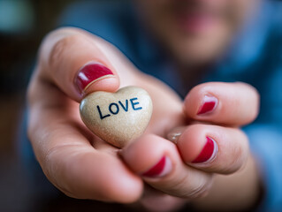 Heart-shaped stone with the word love held gently between fingers in a natural setting
