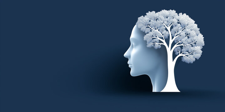 White tree growing inside profile of human head symbolizing mental health, wellbeing, mindfulness, psychology, and personal growth on dark blue background