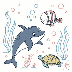 Kids doodle ocean animal set, vector