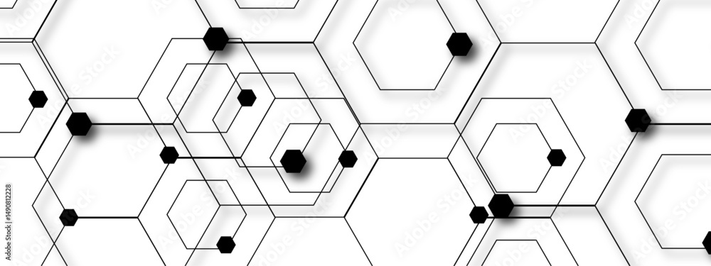 Poster seamless geometric pattern consisting of overlapping thin black hexagons arranged on a white backgro