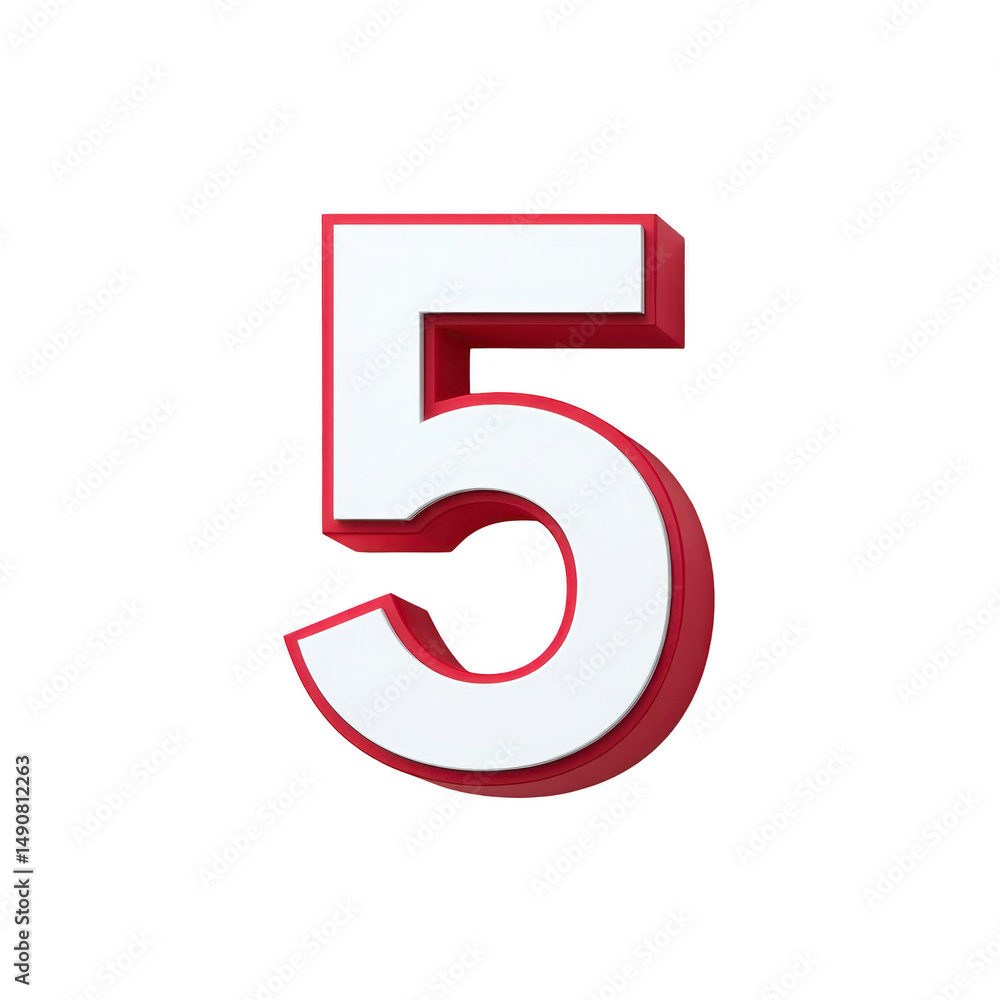 Poster image features bold, three dimensional number five with white face and red sides, creating striking 
