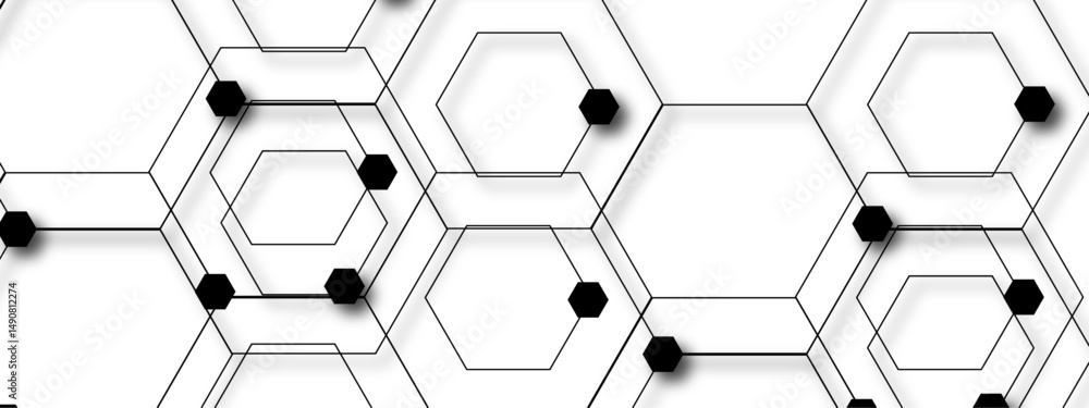 Poster seamless geometric pattern consisting of overlapping thin black hexagons arranged on a white backgro