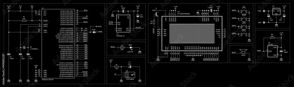 Poster schematic diagram of digital electronic device on paper sheet. vector drawing electrical circuit wit