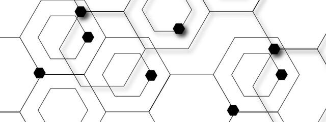 Seamless geometric pattern consisting of overlapping thin black hexagons arranged on a white background. Filled solid black hexagons of smaller size, creating visual contrast and rhythm. 