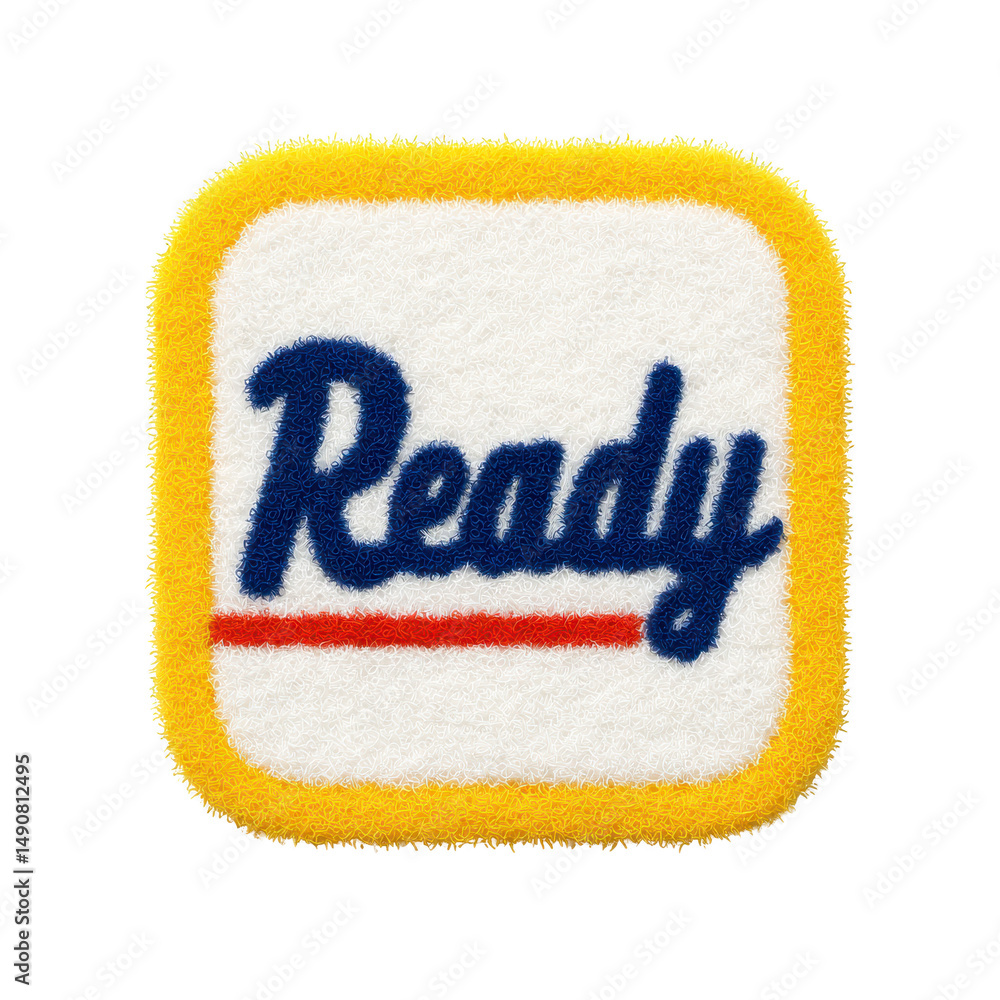 Poster fluffy, textured badge with word ready in blue script and red underline, set against transparency ba