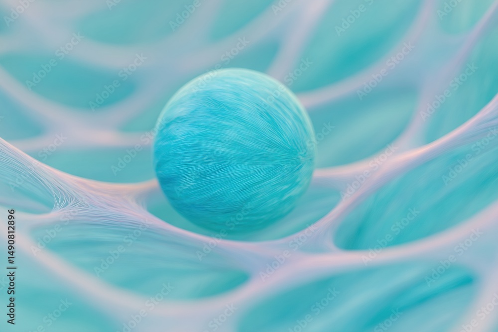 Poster colorful abstract sphere floating in a delicate web of soft fibers