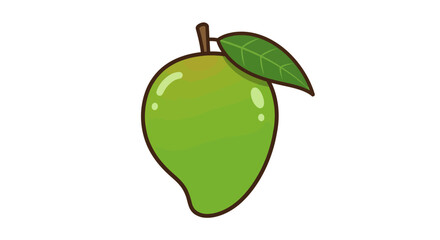 Cartoon Green Mango with a Single Leaf and Brown Stem Detail
