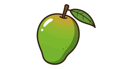 Cartoon Mango with Green and Yellow Hues and Attached Leaf