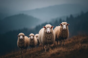 Fototapeta premium A herd of fluffy sheep grazing peacefully on a hillside meadow, with rolling hills in the misty background, creating a serene and idyllic pastoral scene, nature's beauty.