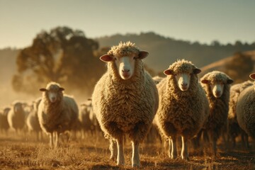 Fototapeta premium A herd of sheep grazing in a golden pasture, illuminated by the soft morning light, creating a serene and peaceful rural countryside scene with gentle hills backdrop.