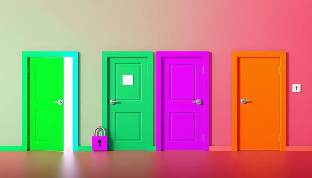 Colorful flat vector icons of open, closed doors, entrances, exits, logins, and locks,   lock icon,  isolated
