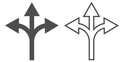 Way direction arrow sign icon set. three arrow, way sign, road direction icon vector. three-way direction arrow sign. Way pointer symbol. Turn arrow navigation sign. Traffic route vector. EPS 10. 