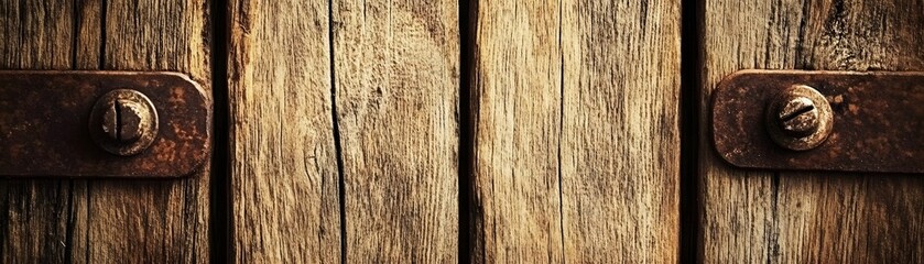 Fototapeta premium Close-up view of weathered wooden planks with rusty metal fasteners.