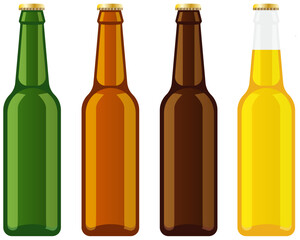 Different colour flat vector beer or soda bottles, Glass pop bottles