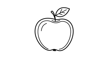 Simple Apple Outline with a Single Leaf and Stem Black and White