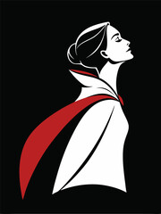 Minimalistic vector logo featuring an elegant woman in a red and white high-collared cape looking upward — bold, clean and powerful for branding and editorial use  