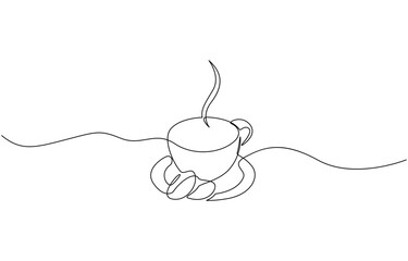 Coffee cup with coffee beans continuous one line drawing, Cup of coffee and coffee beans. Hot beverage. Aroma of coffee. Continuous line drawing.