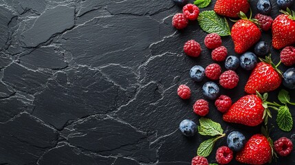 Fresh Berry Arrangement on Black Stone Background with Mint Leaves